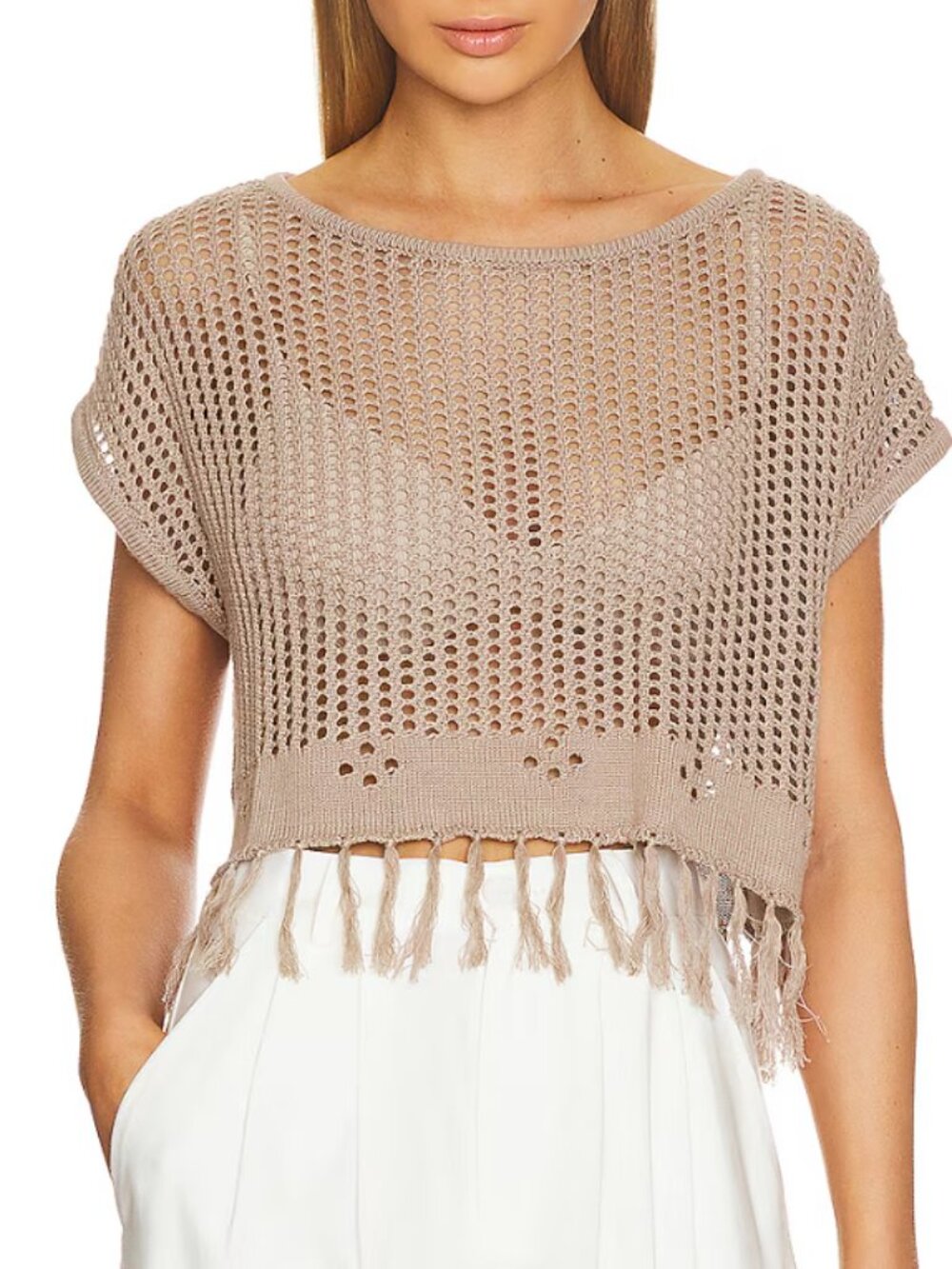 Bobi - Knit Crochet Fringe Boho Top in Taupe | Small | Revolve